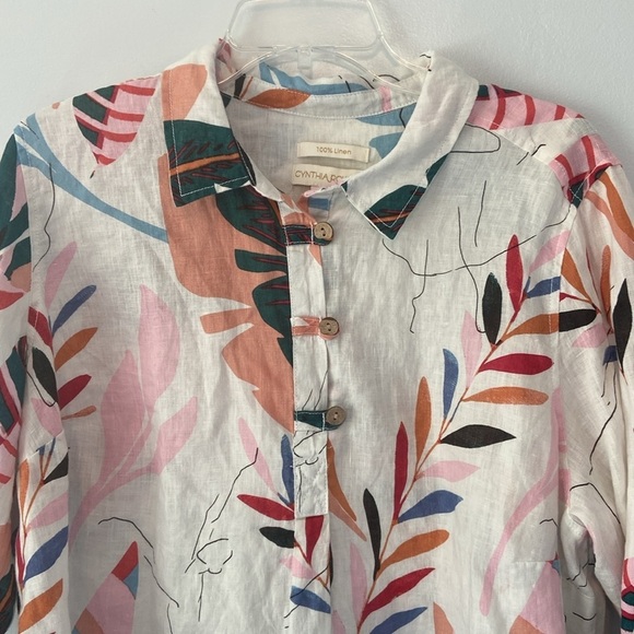 Cynthia Rowley Plus Linen Tropical Floral Print Button Front Tunic Top Size 1X - Picture 5 of 12